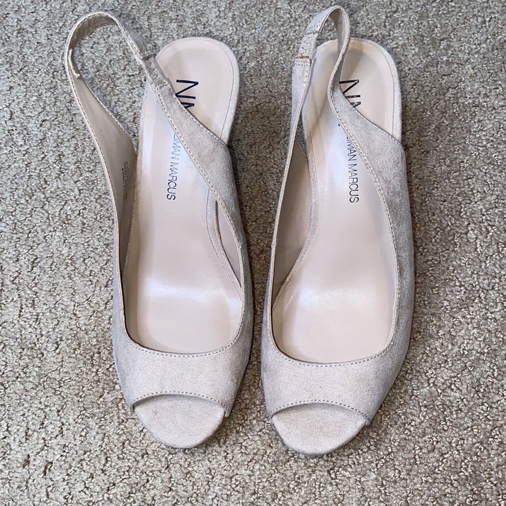 Neiman Marcus sling back, wedge peep toe platform wedge heels, size 6